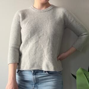 Madewell 100% Merino Wool Light Gray Crew Neck Sweater 3/4 Sleeve Grid Knit